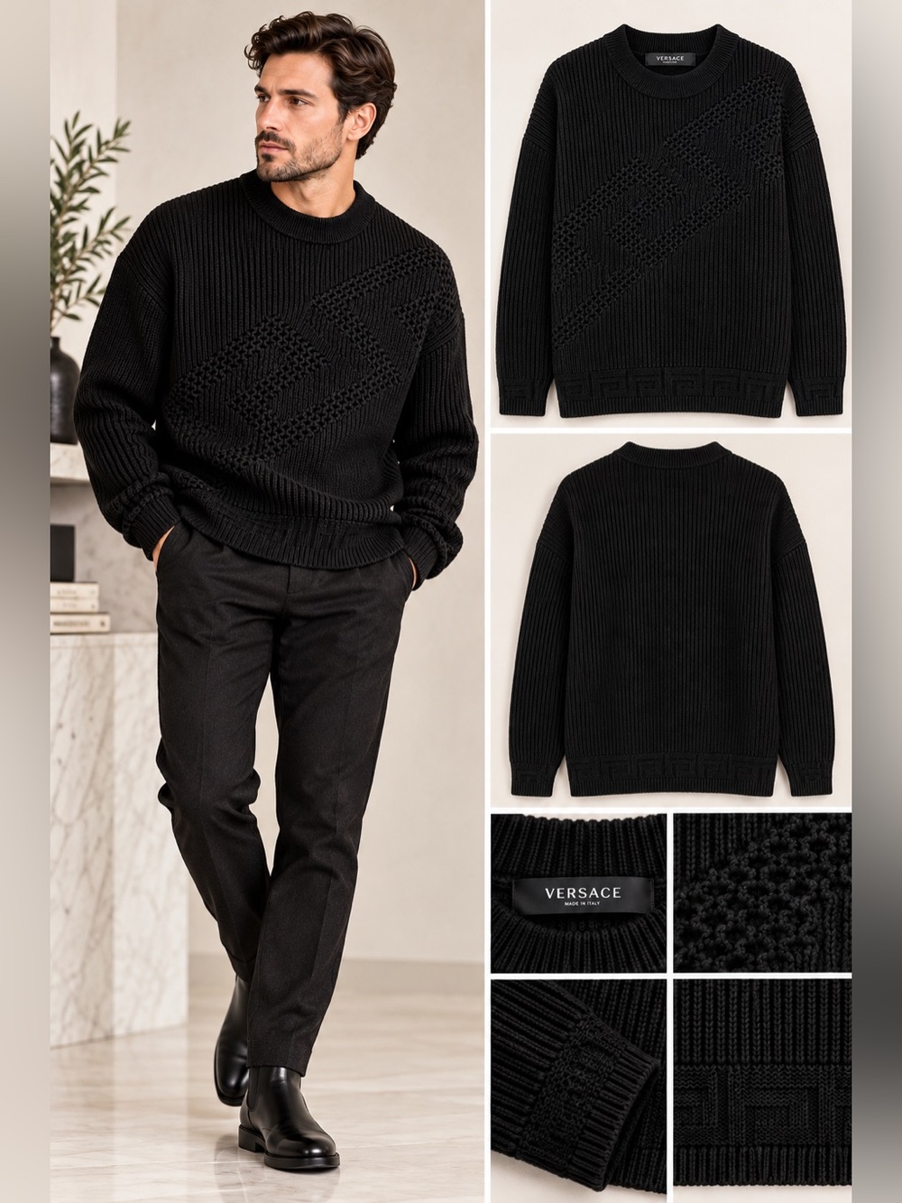 VERSACE - Men’s Black Textured Knit Crewneck Sweater